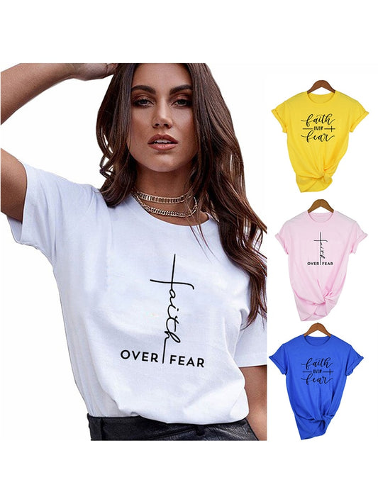 Faith Over Fear Shirt Christian Tee for Women Religion Jesus Woman Clothes tshirts Vertical Cross Love Grace Church Missionary