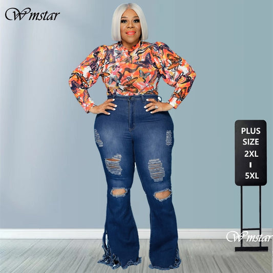 Wmstar  Plus Size Jeans Women  Bodycon Stretch Solid Pockets High Waist Fashion Denim Flared Pants 2022 Wholesale Dropshipping