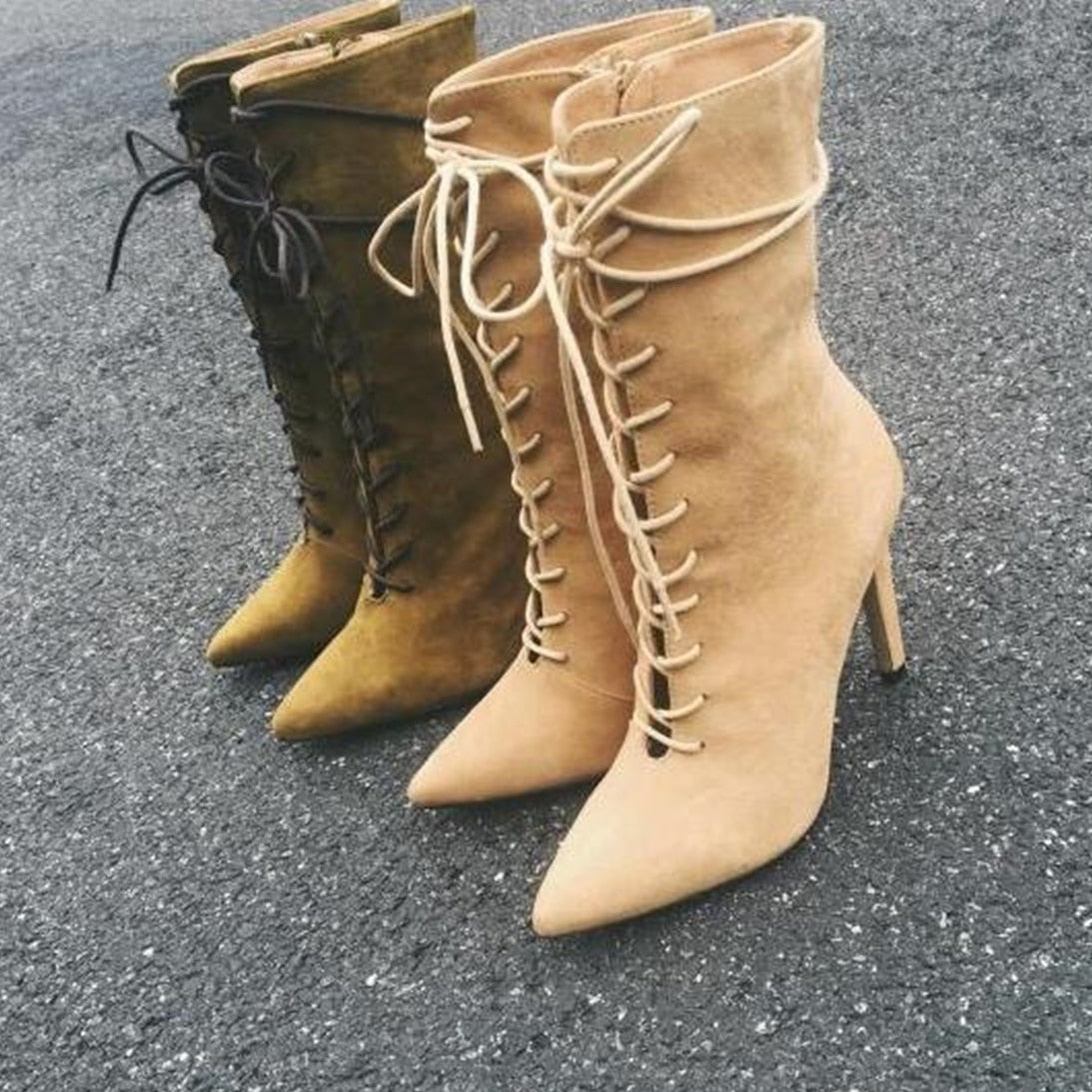 Lace-up mid-calf boots women sexy pointed toe high heel boots celebrity runway gladiator boots