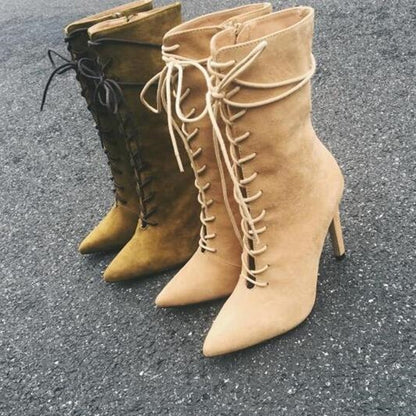 Lace-up mid-calf boots women sexy pointed toe high heel boots celebrity runway gladiator boots