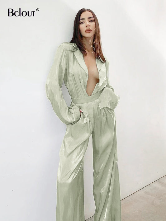 Bclout Green Vintage Two Piece Sets Women Autumn Suits Of Elegant Woman Long Sleeve Top And High Waist Pants 2 Piece Set Female