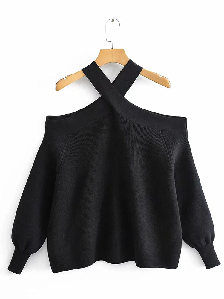 Oversize women cross halter sweaters 2021 spring fashion ladies elegant knitted pullovers female knitwear soft girls chic tops