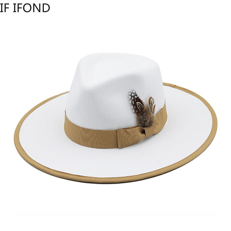 2022 New Feather band Felt Fedora Hats for Women Wide Brim Men Formal Jazz Hats Panama Church Wedding Dress Hat chapeu feminino