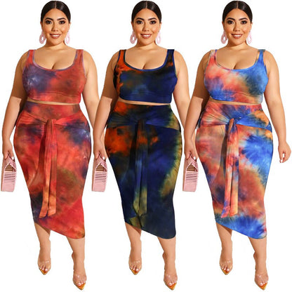 Plus Size Dress Sets Fashion Women&#39;s Suit Tie Dye Printing Tight Bandage Casual Long Skirt Two Piece Set Wholesale Dropshpping