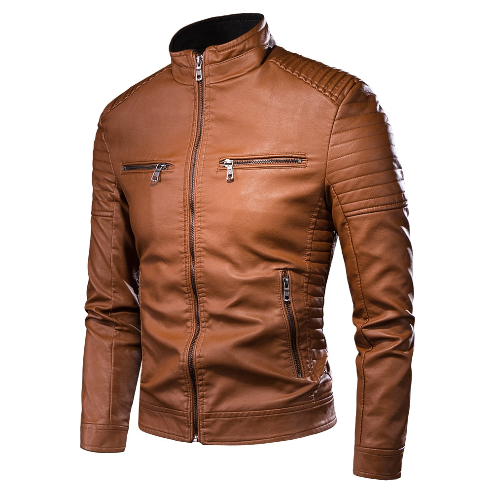 ZREZ Men Autumn Brand New Causal Vintage Leather Jacket Coat Men Spring Outfit Design Motor Biker Pocket PU Leather Jacket Men