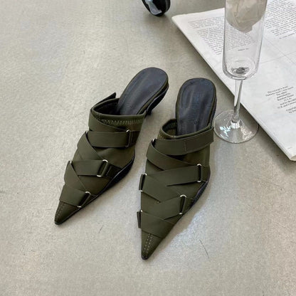 Pointed Toe Women Slippers Belt Buckle Dress Sandals Slides 2023 New Arrivals Casual Slides Mules Shoes Thin Mid Heels Black