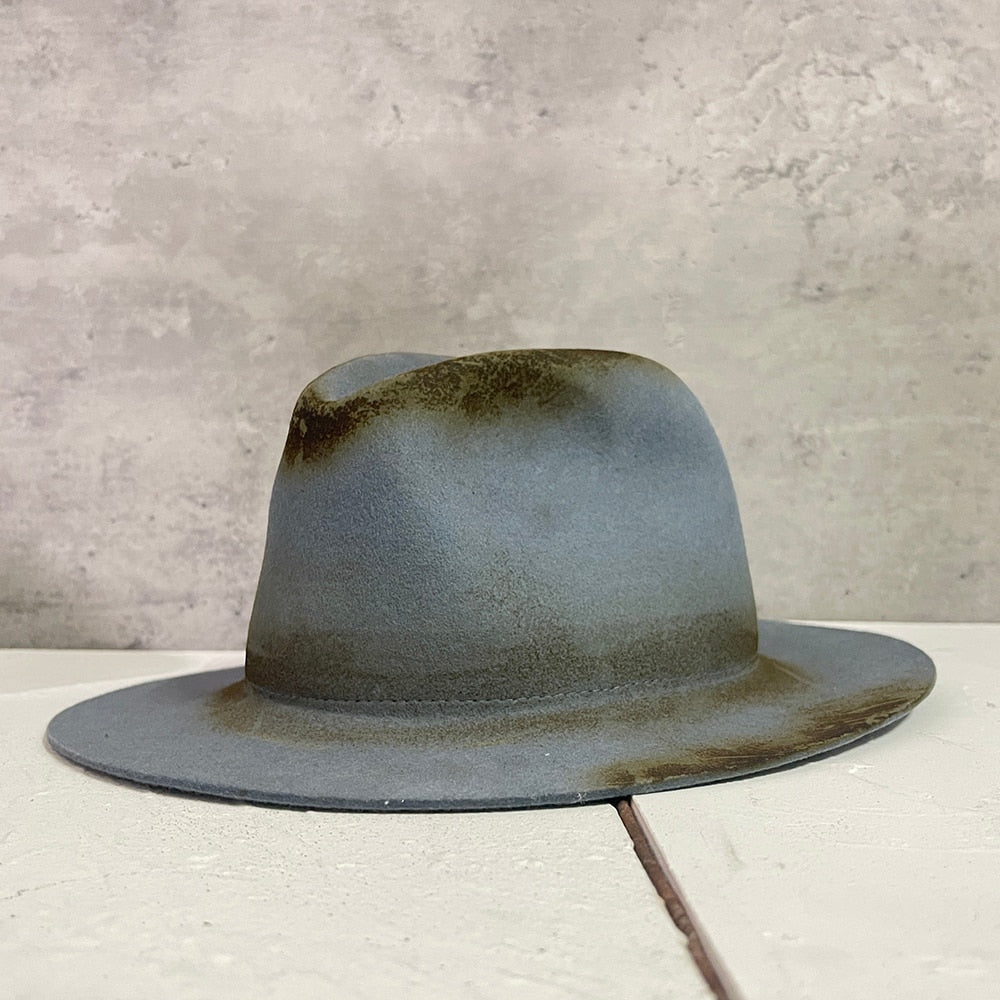 100% Wool Women Men Fedora Hat Retro Fire Old Distressed Wide Brim Jazz Hat Lady Felt Church Hat