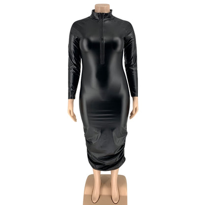PU Leather Plus Size 5XL Dresses for Women Zip Up Full Sleeve Stretch Offie Lady Elegant Black Maxi Dress Wholesale Dropshipping