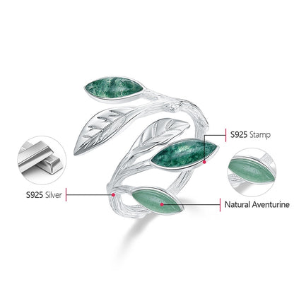 Lotus Fun Real 925 Sterling Silver Open Ring Natural Stone Handmade Design Fine Jewelry Spring in the Air Leaves Rings for Women