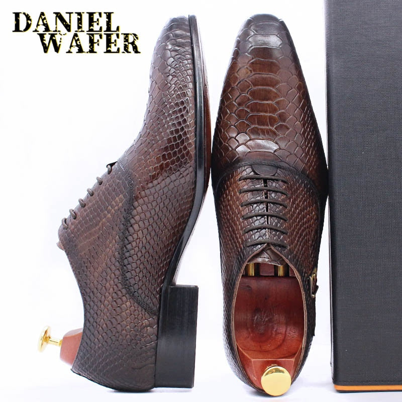 Fashion Men Dress Leather Shoes Snake Skin Prints Classic Style Wine Blue Coffee Black Lace Up Pointed Men Oxford Formal Shoes