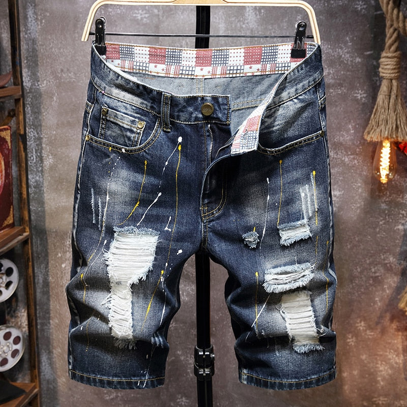 Men&#39;s Graffiti Ripped Short Jeans 2022 Summer New Fashion Casual Slim Big Hole Retro Style Denim Shorts Male Brand Clothes