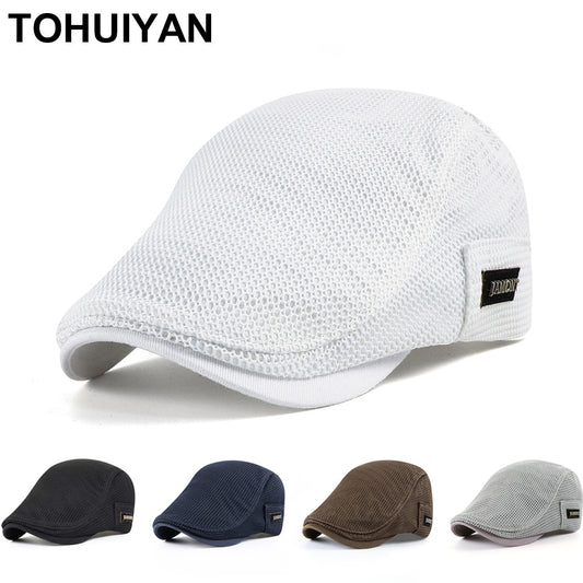 2022 New Summer Mens Hats Breathable Mesh Newsboy Caps Outdoor Gorro Hombre Boina Golf Hat Fashion Solid Flat Cap For Women