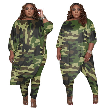 Autumn Style Trendy Plus Size Women Clothing Tracksuit Womens Long Loose Camouflage Oblique Shoulder Wholesale Dropshipping