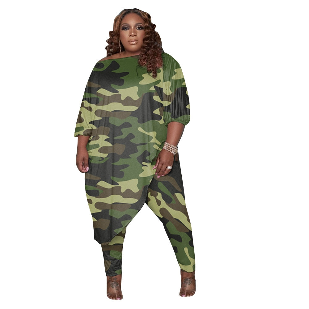 Autumn Style Trendy Plus Size Women Clothing Tracksuit Womens Long Loose Camouflage Oblique Shoulder Wholesale Dropshipping