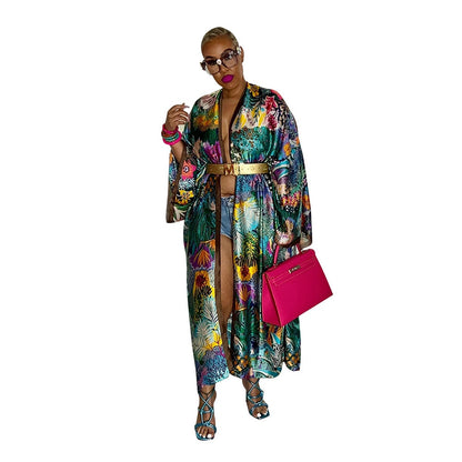 ANJAMANOR Fashion Printed Satin Shirts for Women Long Kimono Beach Cover Ups Ladies Blouse Vacation Oversized Cardigan D37-EF30