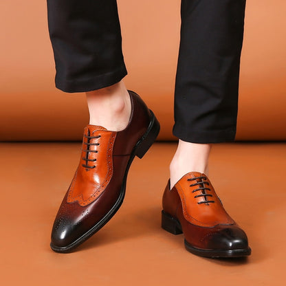 Luxury Classic Mens Brogue Oxford Dress Shoes Genuine Cow Leather Brown Pointed Toe Lace-Up Wedding Party Formal Shoe for Men