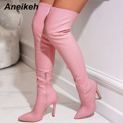 Aneikeh Concise Solid PU Pointed Toe High Heel Over the Knee Boots Autumn Winter New Side Zippers Party Dress Chelsea Shoes