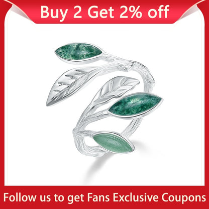 Lotus Fun Real 925 Sterling Silver Open Ring Natural Stone Handmade Design Fine Jewelry Spring in the Air Leaves Rings for Women