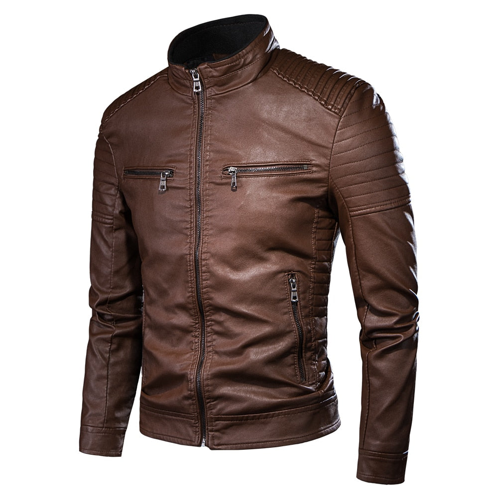 ZREZ Men Autumn Brand New Causal Vintage Leather Jacket Coat Men Spring Outfit Design Motor Biker Pocket PU Leather Jacket Men