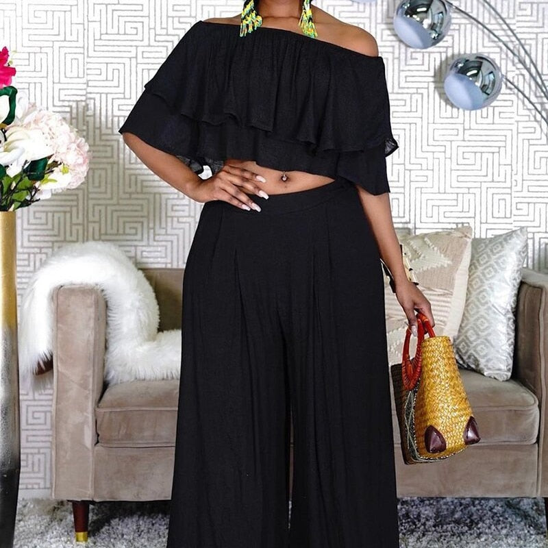 Plus Size 2 Piece Set for Women Clothing Sexy Off Shoulder Crop Top Casual Elegant Wide Leg Long Pants Fashion Outfits Party
