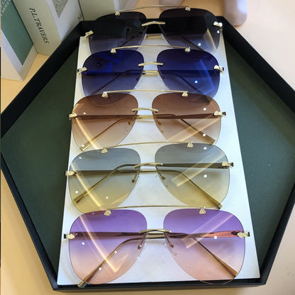 Vintage Rimless Alloy Aviation Pilot Sunglasses For Men 2023 Brand Gradient Sun Glasses Female Metal Oval Shades Black Brown