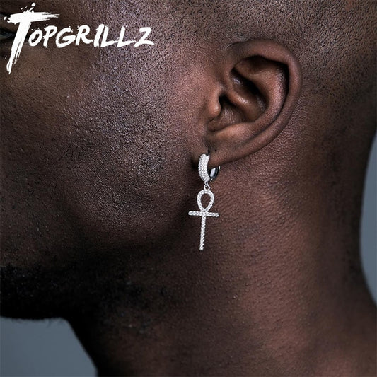 TOPGRILLZ Iced Zircon Ankh Cross Earring Gold Silver Color Micro Paved AAA Bling CZ Stone Earrings For Man Women Hip Hop Jewelry
