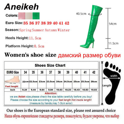 Aneikeh Concise Solid PU Pointed Toe High Heel Over the Knee Boots Autumn Winter New Side Zippers Party Dress Chelsea Shoes