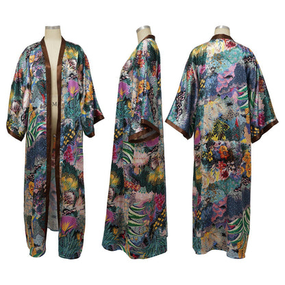 ANJAMANOR Fashion Printed Satin Shirts for Women Long Kimono Beach Cover Ups Ladies Blouse Vacation Oversized Cardigan D37-EF30
