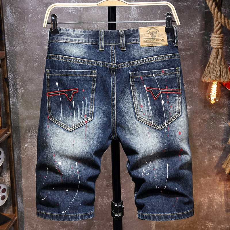 Men&#39;s Graffiti Ripped Short Jeans 2022 Summer New Fashion Casual Slim Big Hole Retro Style Denim Shorts Male Brand Clothes
