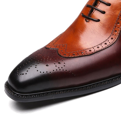 Luxury Classic Mens Brogue Oxford Dress Shoes Genuine Cow Leather Brown Pointed Toe Lace-Up Wedding Party Formal Shoe for Men