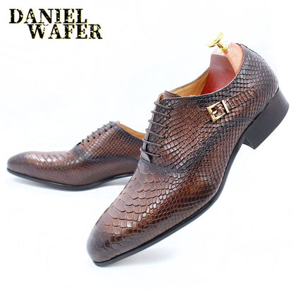 Fashion Men Dress Leather Shoes Snake Skin Prints Classic Style Wine Blue Coffee Black Lace Up Pointed Men Oxford Formal Shoes