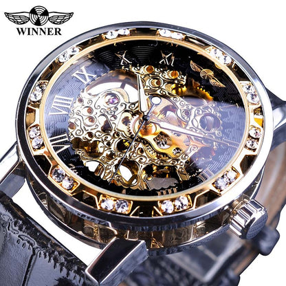 Winner Black Golden Retro Luminous Hands Fashion Diamond Display Mens Mechanical Skeleton Wrist Watches Top Brand Luxury Clock